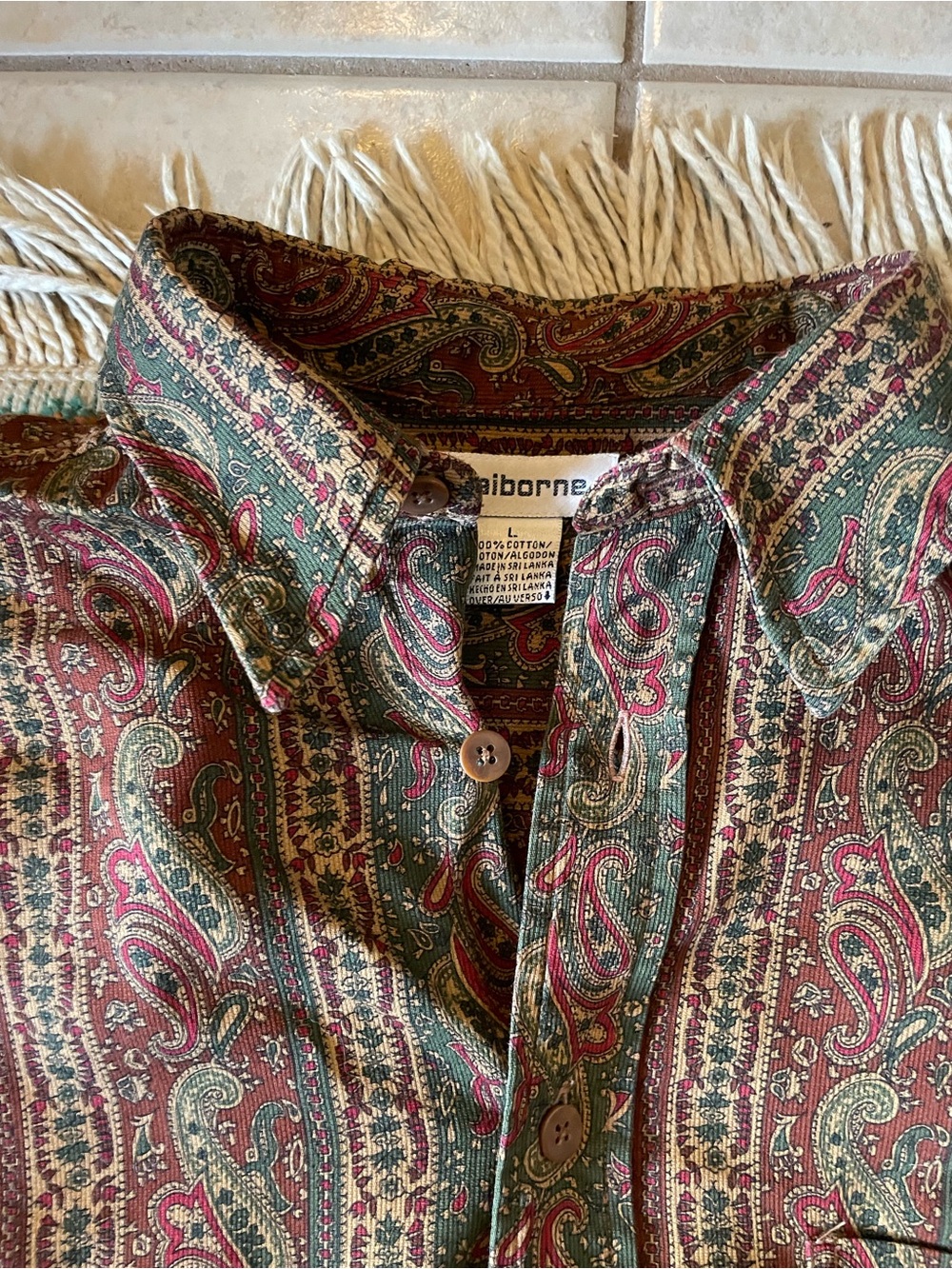 Claiborne Paisley Button-Down Shirt in Green and Burgundy